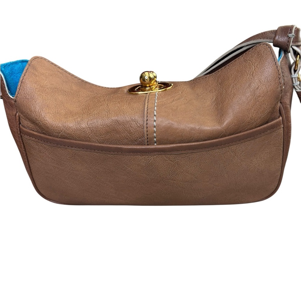 Tre Vero Brown Shoulder Bag with Blue Trim and Gold Turnlock - Picture 6 of 11